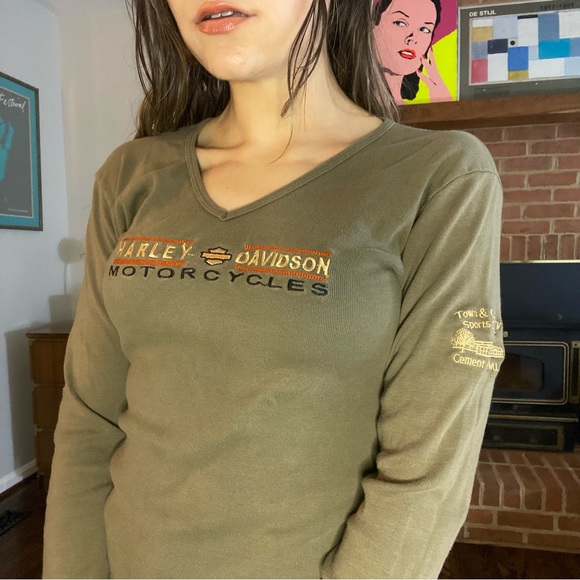 Harley-Davidson Tops - Harley-Davidson USA Made Embroidered V-Neck Fitted Babydoll Long Sleeve …